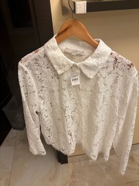 LOFT White Floral Lace Button-Front Blouse